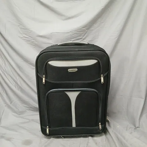 BLACK SOFT-SHELL WHEELED LUGGAGE CASE WITH FRONT POCKET (BADGE READS 'YOU YOUNG COVERI')