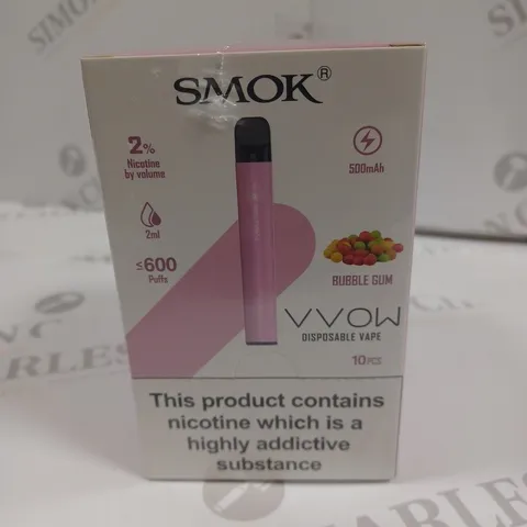 SEALED SMOK VVOW 10-PACK OF DISPOSABLE VAPES - BUBBLE GUM