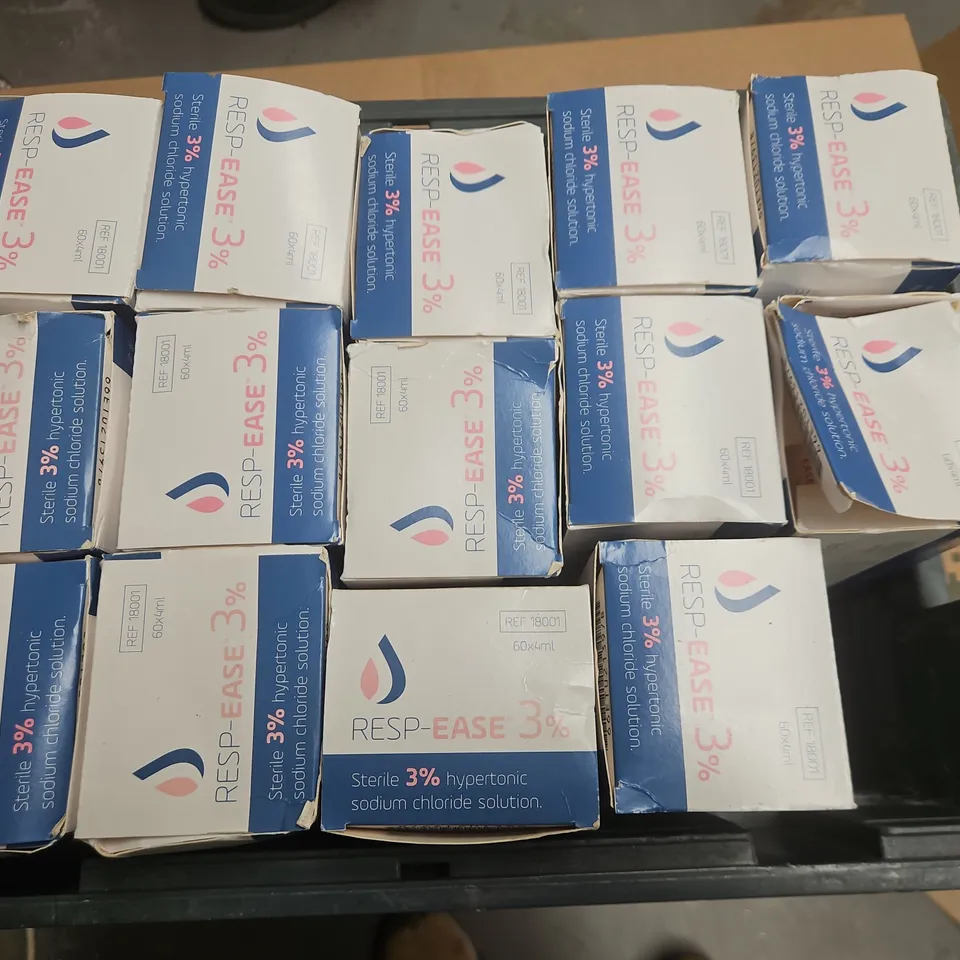 TOTE OF APPROXIMATELY 15 RESP-EASE 3% HYPERTONIC SODIUM CHLORIDE SOLUTION 60 X 4ML PER BOX
