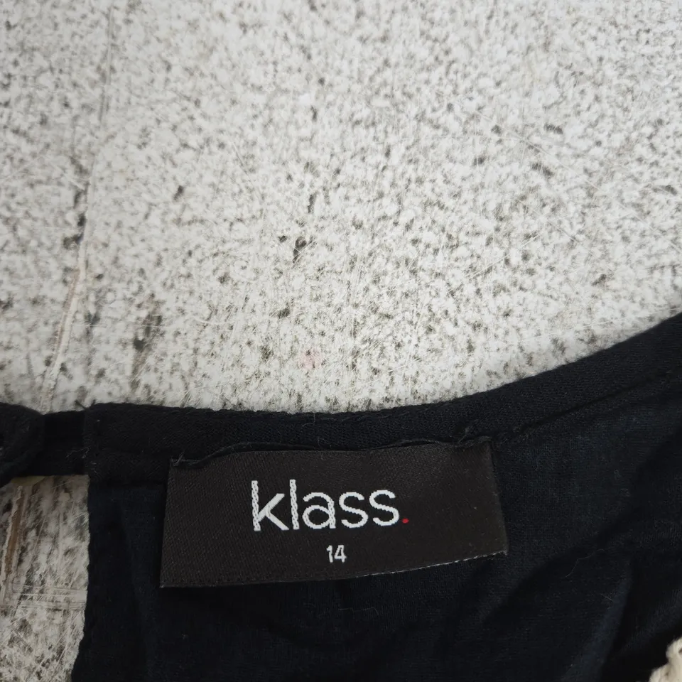 KLASS. WOMEN'S BLACK TOP WITH CREAM CROCHET NECKLINE YOKE, UK SIZE 14