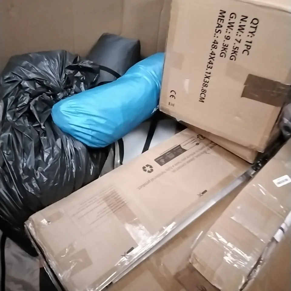 A PALLET OF VARIOUS ITEMS TO INCLUDE. POP UP TENT, SPEAKER STANDS, CAMPING EQUIPMENT, ROLLER STOOL AND AIR FRYER