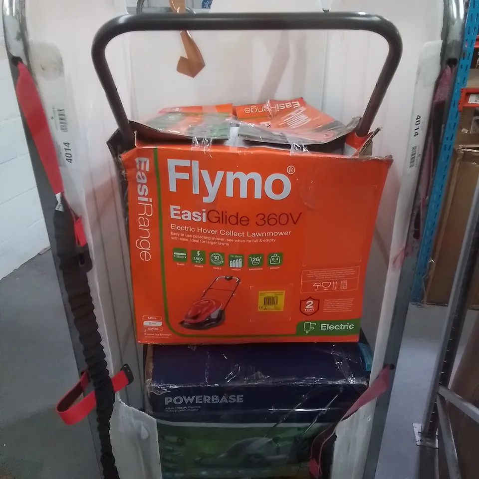 THREE ASSORTED LAWNMOWERS TO INCLUDE 2 X POWERBASE, 1 X FLYMO 