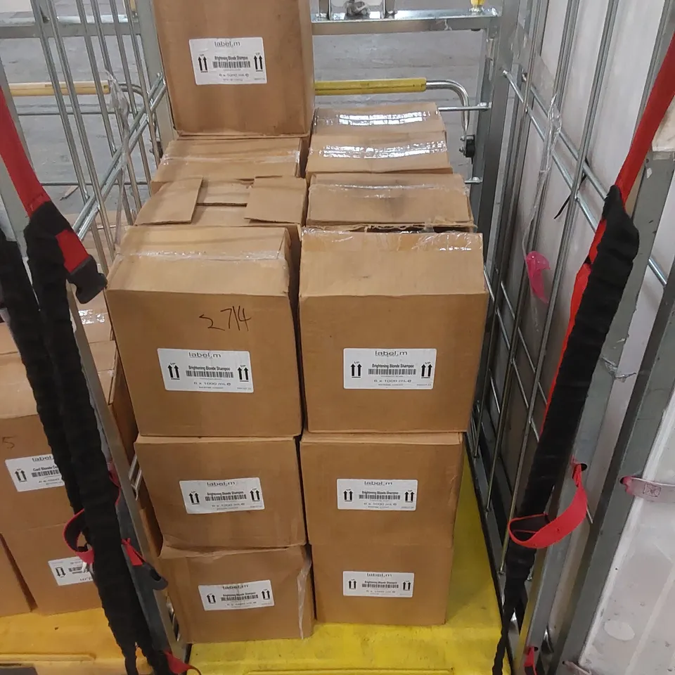 CAGE TO CONTAIN APPROX 25 X BOXES OF LABEL.M BRIGHTENING BLONDE SHAMPOO - 6 X 1000ml PER BOX // CAGE NOT INCLUDED 