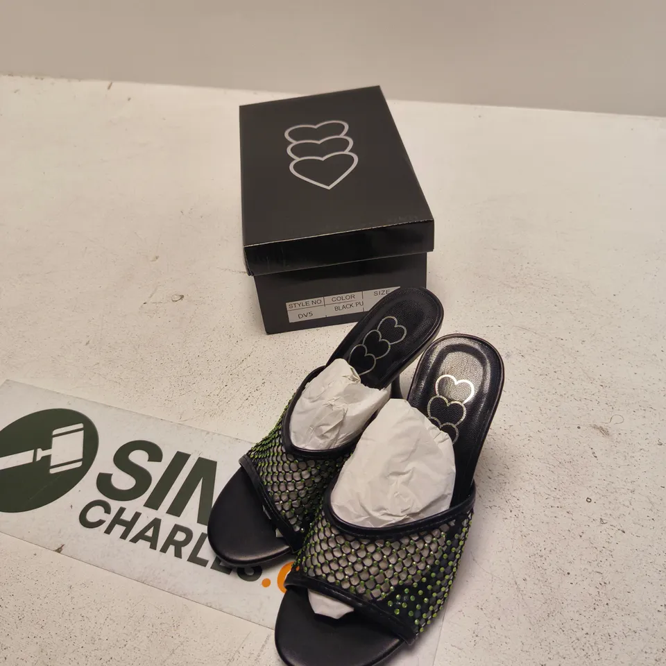 WOMEN'S SANDALS – BLACK PU, BEADED MESH STRAPS, HEART MOTIF, UK 3 (EU 36)