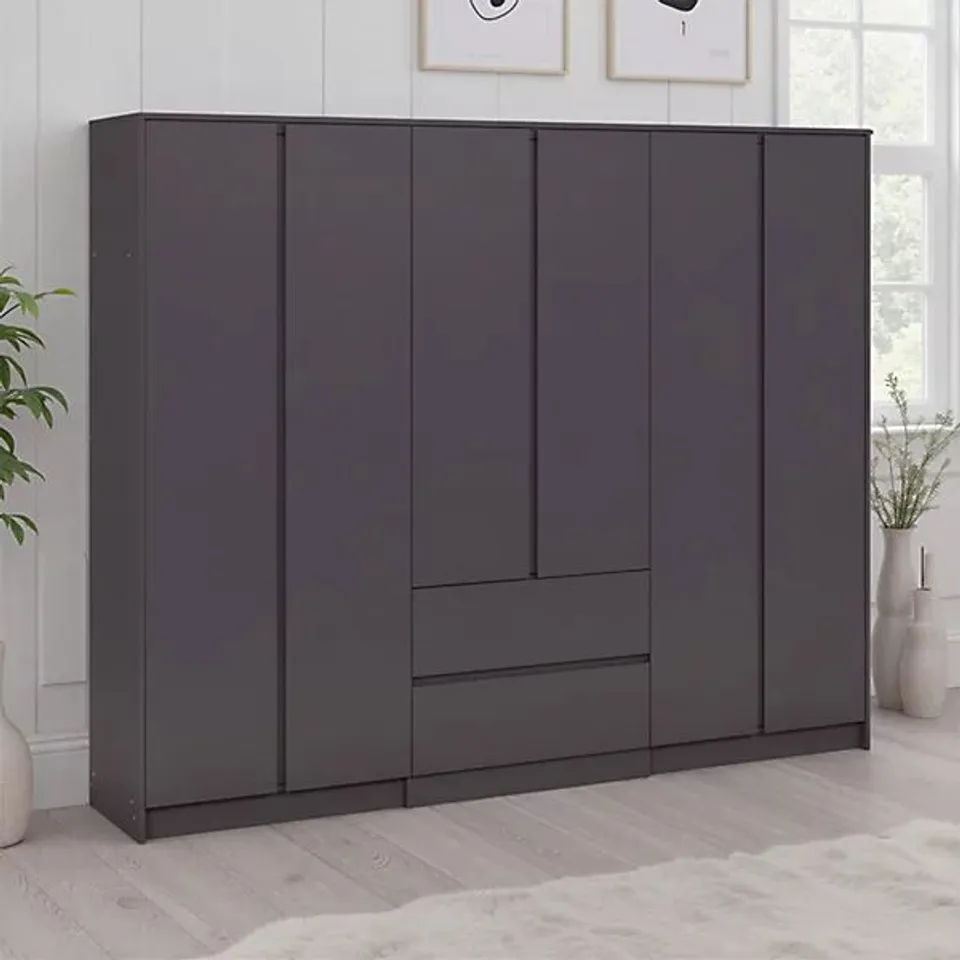BOXED MALVERN 6 DOOR 2 DRAWER WARDROBE - GREY (5 BOXES)