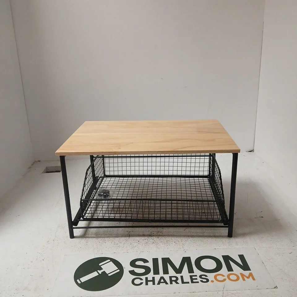 WOODEN-TOPPED TABLE WITH BLACK METAL FRAME AND WIRE SHELF