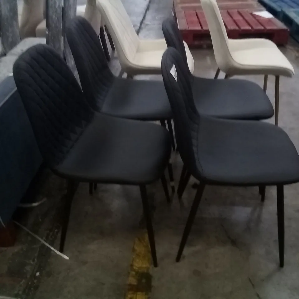 APPROXIMATELY 4 DESIGNER BLACK FAUX LEATHER DINING CHAIR WITH BLACK LEGS