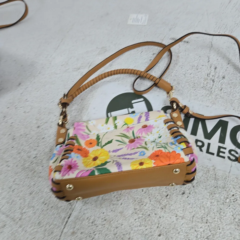AIMEE KESTENBERG FLORAL PRINT CROSSBODY BAG WITH TAN LEATHER TRIM 