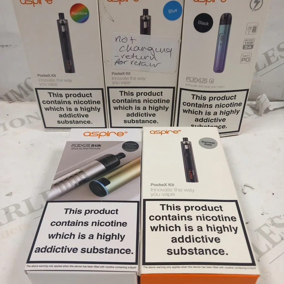 5 ASSORTED ASPIRE VAPING PRODUCTS TO INCLUDE; FLEXUS Q AND POCKEX KIT