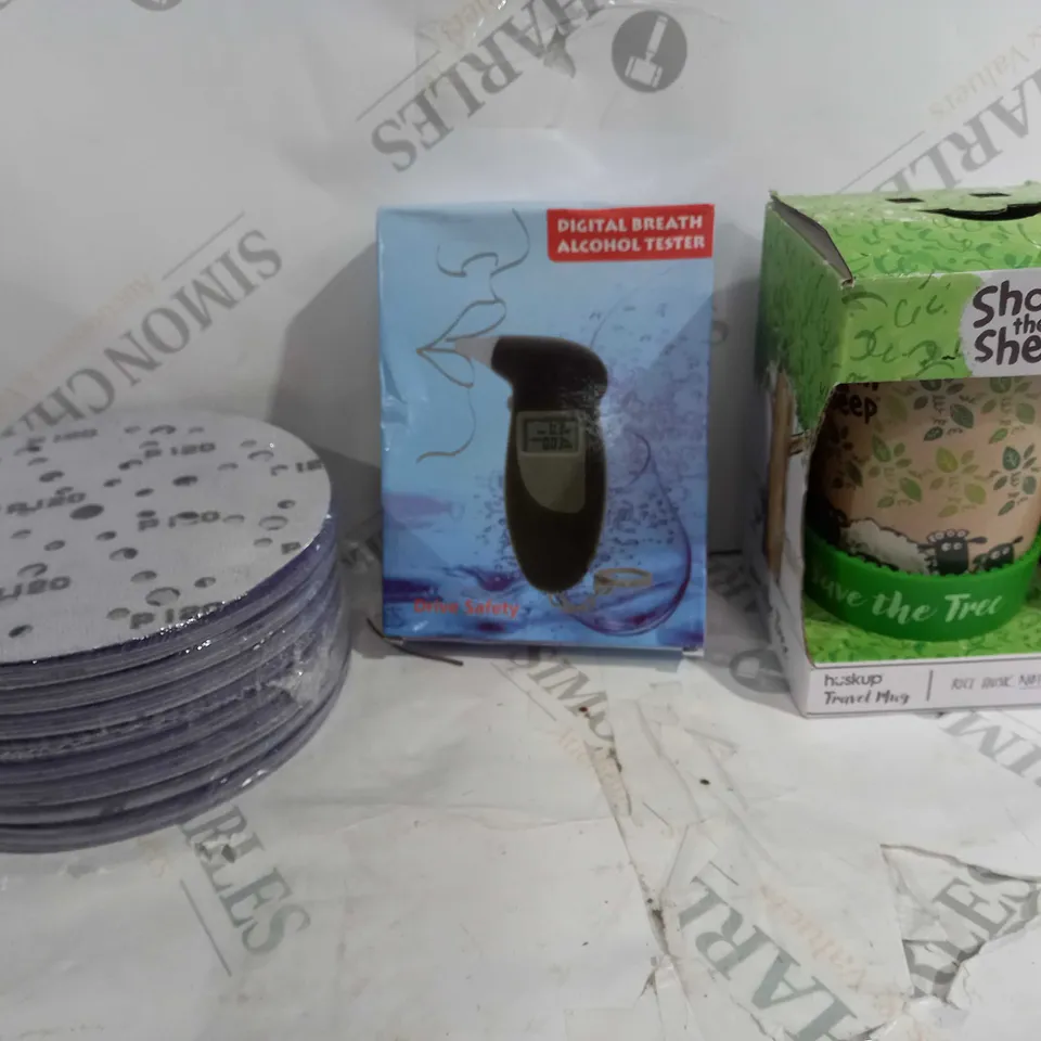 BOX OF APPROX 20 HOUSEHOLD ITEMS TO INCLUDE P120 SANDPAPER, BREATHALYSER, SHAUN THE SHEEP TRAVEL MUG