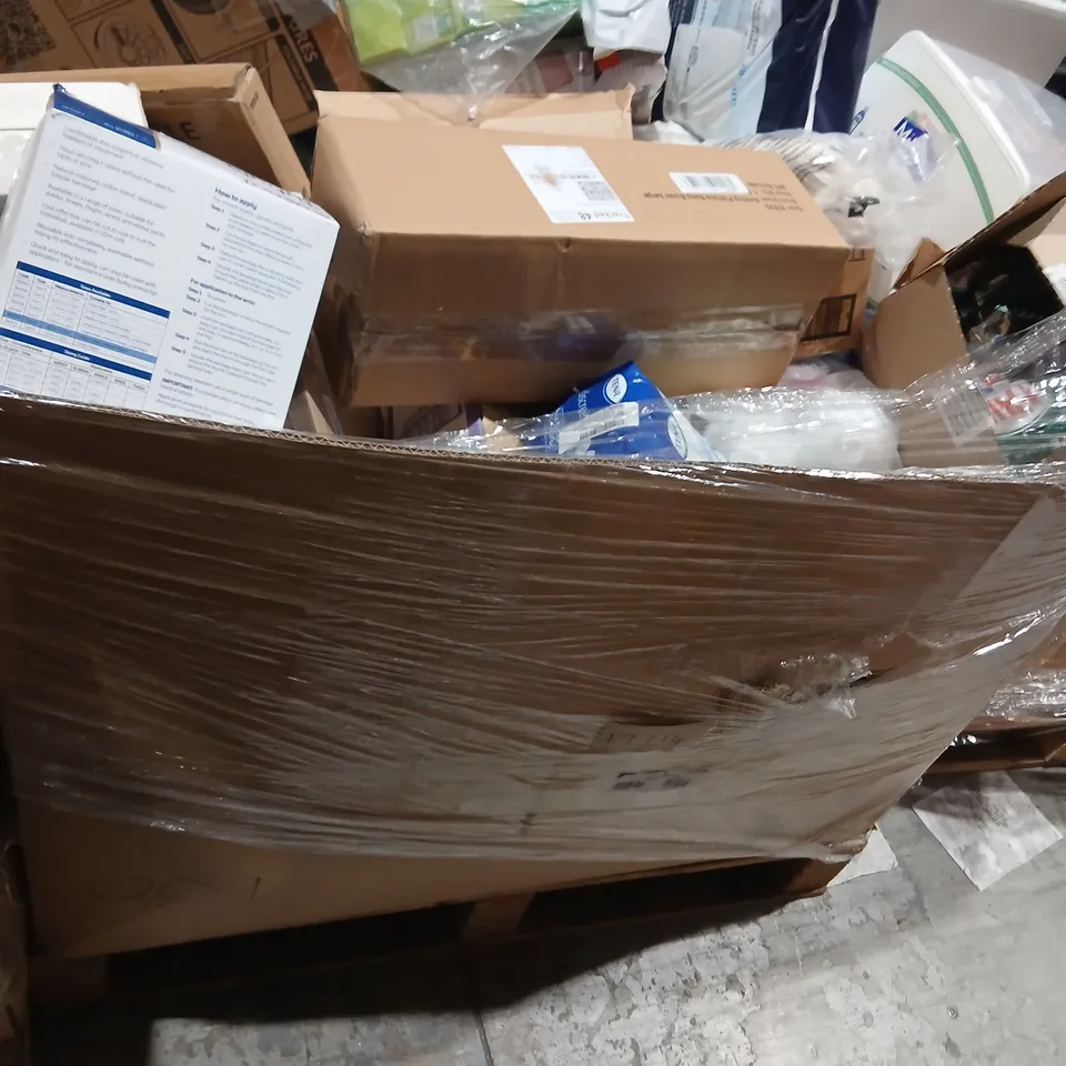 PALLET OF ASSORTED PRODUCTS TO INCLUDE; BLUEDOT TUBULA ELASTICATED TUBULAR BANDAGE, FAIRY PLATINUM PLUS COMPLETE, MILTON COLD WATER STERILISER, KLEENEX, VELVET TOILET ROLL, VILEDA SPIN AND CLEAN AND F