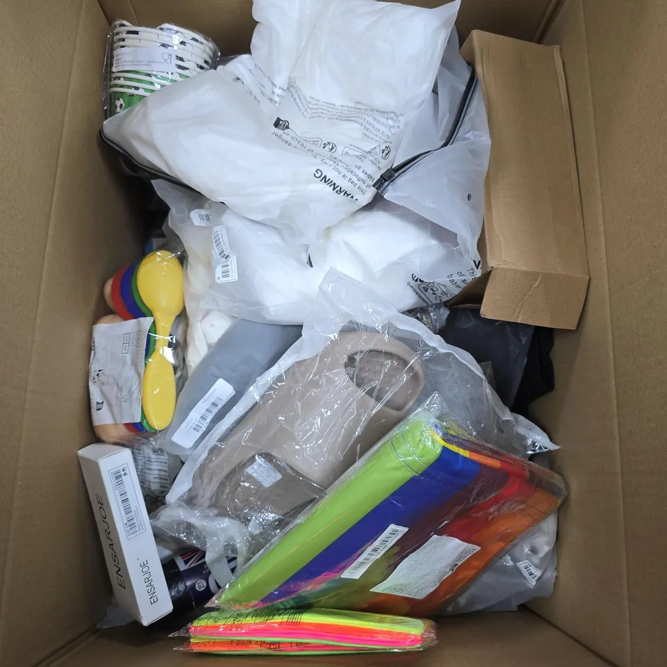 BOX OF APPROXIMATELY 15 ASSORTED ITEMS INCLUDING BRITISH MARKET 20 HEAVY DUTY REFUSE SACKS, A TROPHY ABD SOME EGGS AND SPOONS