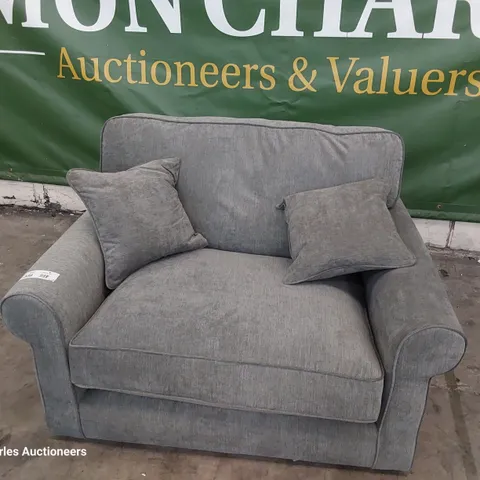DESIGNER SNUGGLER CHAIR GREY FABRIC WITH SCATTER CUSHIONS