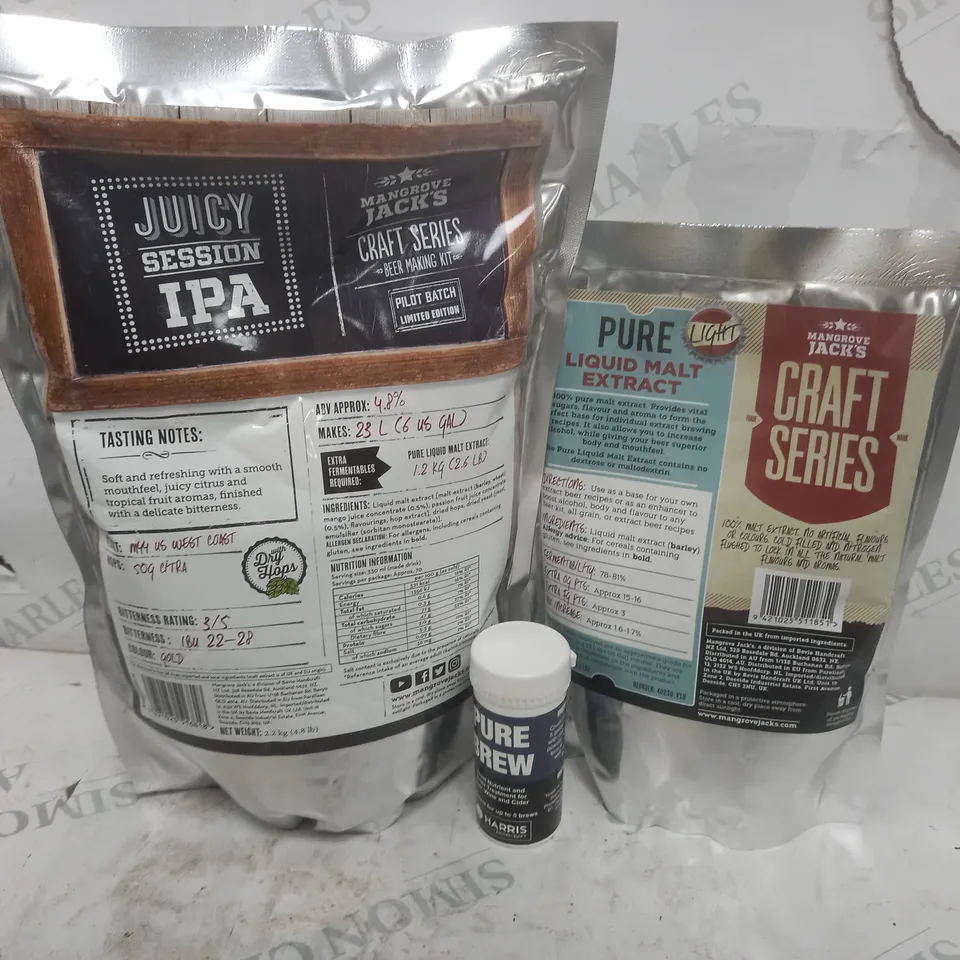 3 ALCOHOL RELATED PRODUCTS TO INCLUDE MANGROVE JACK'S PURE LIQUID MALT EXTRACT - LIGHT 1.2KG, MANGROVE JACKS BEER KIT JUICY SESSION IPA 2.2KG, HARRIS PURE BREW - COLLECTION ONLY