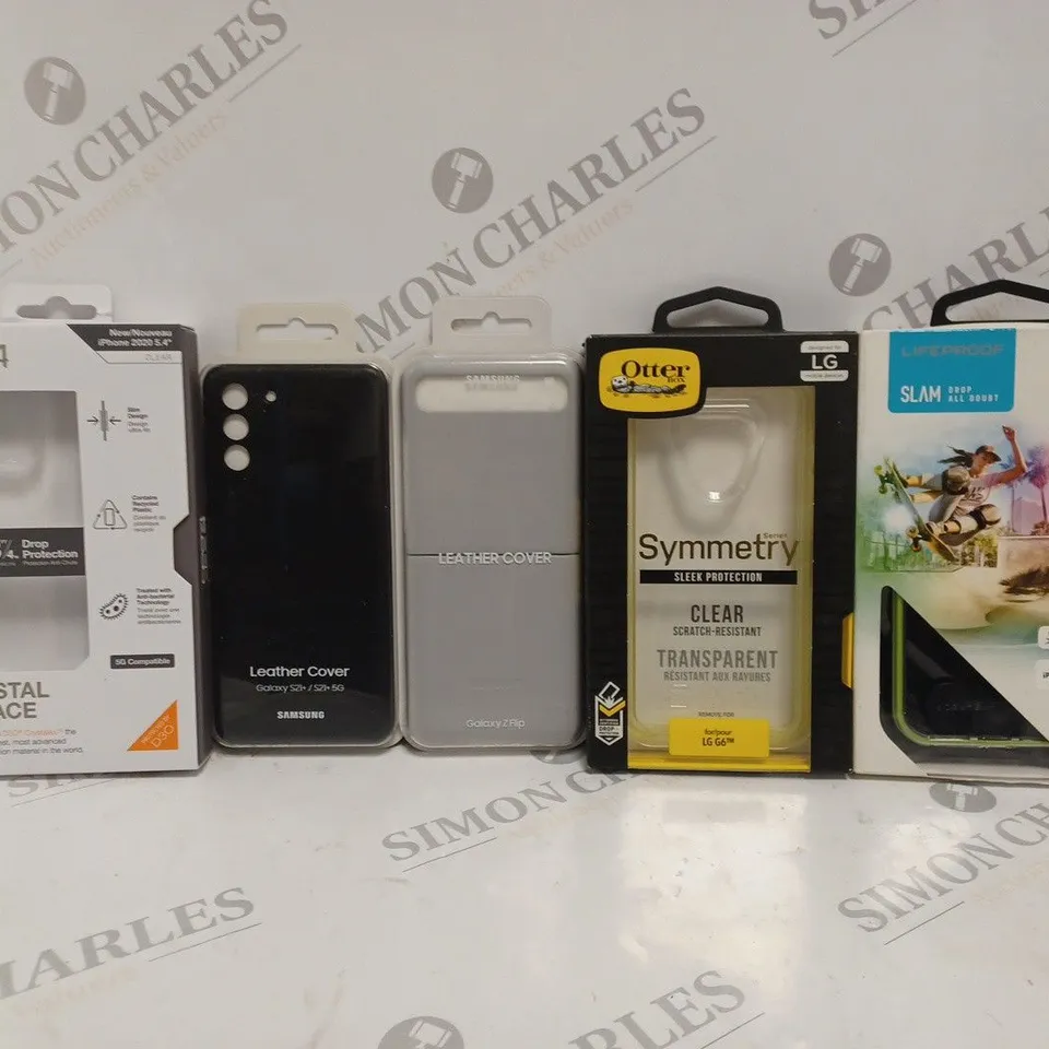BOX OF APPROX 30 ASSORTED PROTECTIVE PHONE CASES FOR VARIOUS MODELS TO INCLUDE GALAXY Z FLIP, IPHONE X, LG G6 ETC