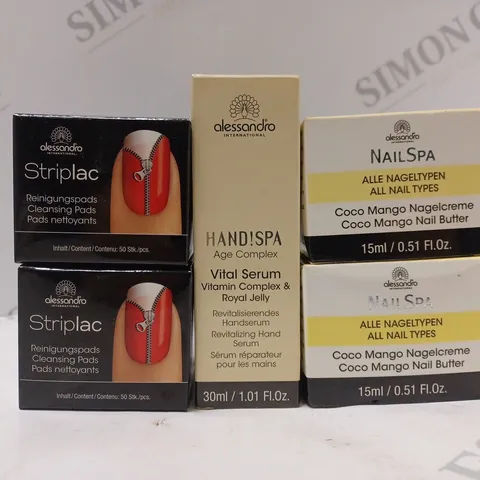 BOX OF APPROX 30 ASSORTED ALESSANDRO PRODUCTS TO INCLUDE STRIPLAC CLEANSING PADS, HANDISPA AGE COMPLEX VITAL SERUM, COCO MANGO NAIL BUTTER, ETC
