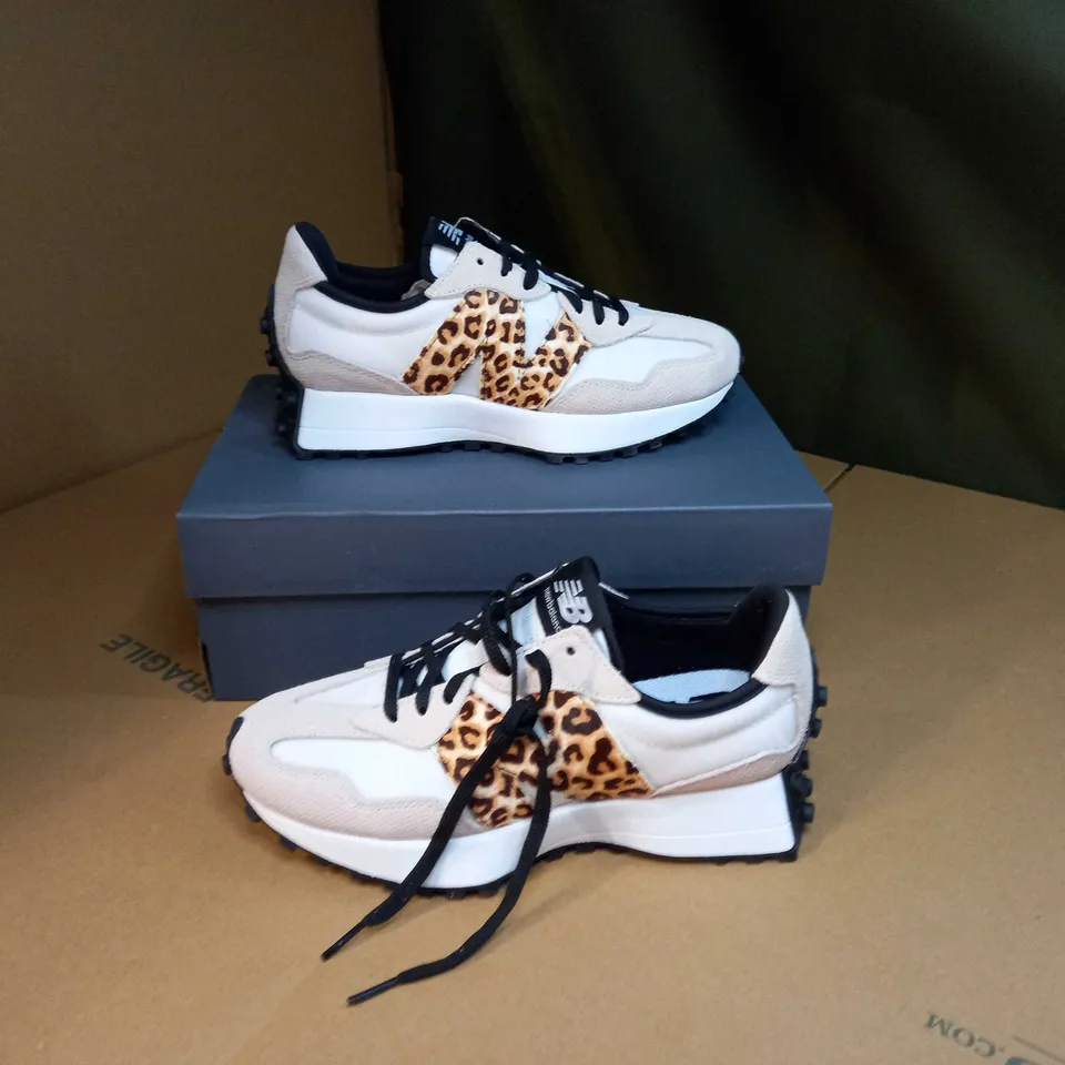 BOXED PAIR OF NEW BALANCE BEIGE/LEOPARD PRINT TRAINERS SIZE 5.5