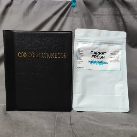 APPROXIMATELY 10 ASSORTED HOUSEHOLD ITEMS TO INCLUDE COIN COLLECTION BOOK, ETC