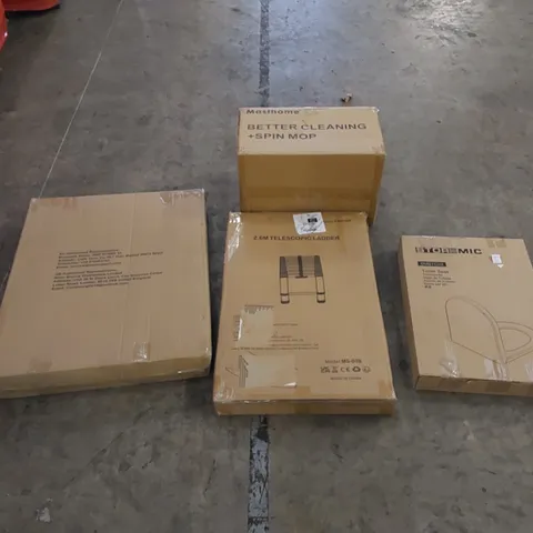 PALLET TO CONTAIN ASSORTED HOUSEHOLD PRODUCTS. INCLUDES SPIN MOP PARTS, TOILET SEAT, LADDER, BOXED FURNITURE ETC