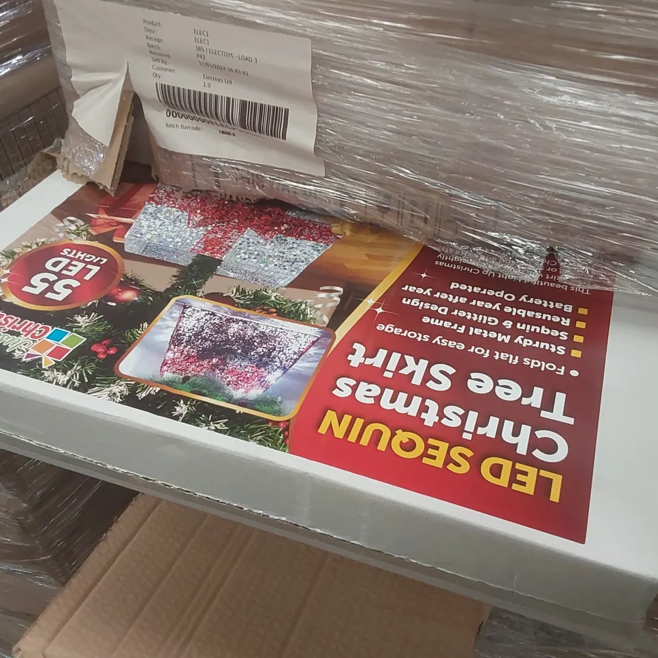 PALLET CONTAINING A VERY LARGE QUANTITY OF ASSORTED ITEMS INCLUDING: CHRISTMAS TREE SKIRTS, CHRISTMAS DECORATIONS, CHRISTMAS EVE BOXES ECT
