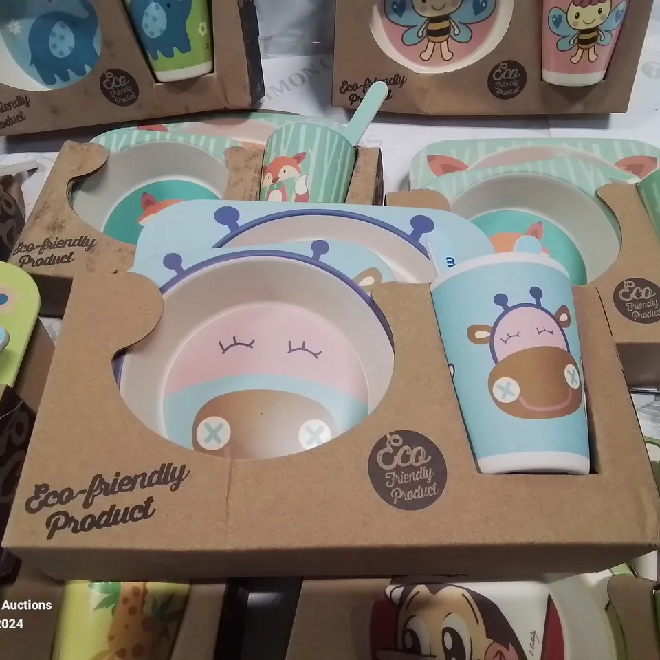12 SETS OF CHILDREN'S ECO FRIENDLY PLATE, BOWL, CUP AND CUTLERY SETS.
