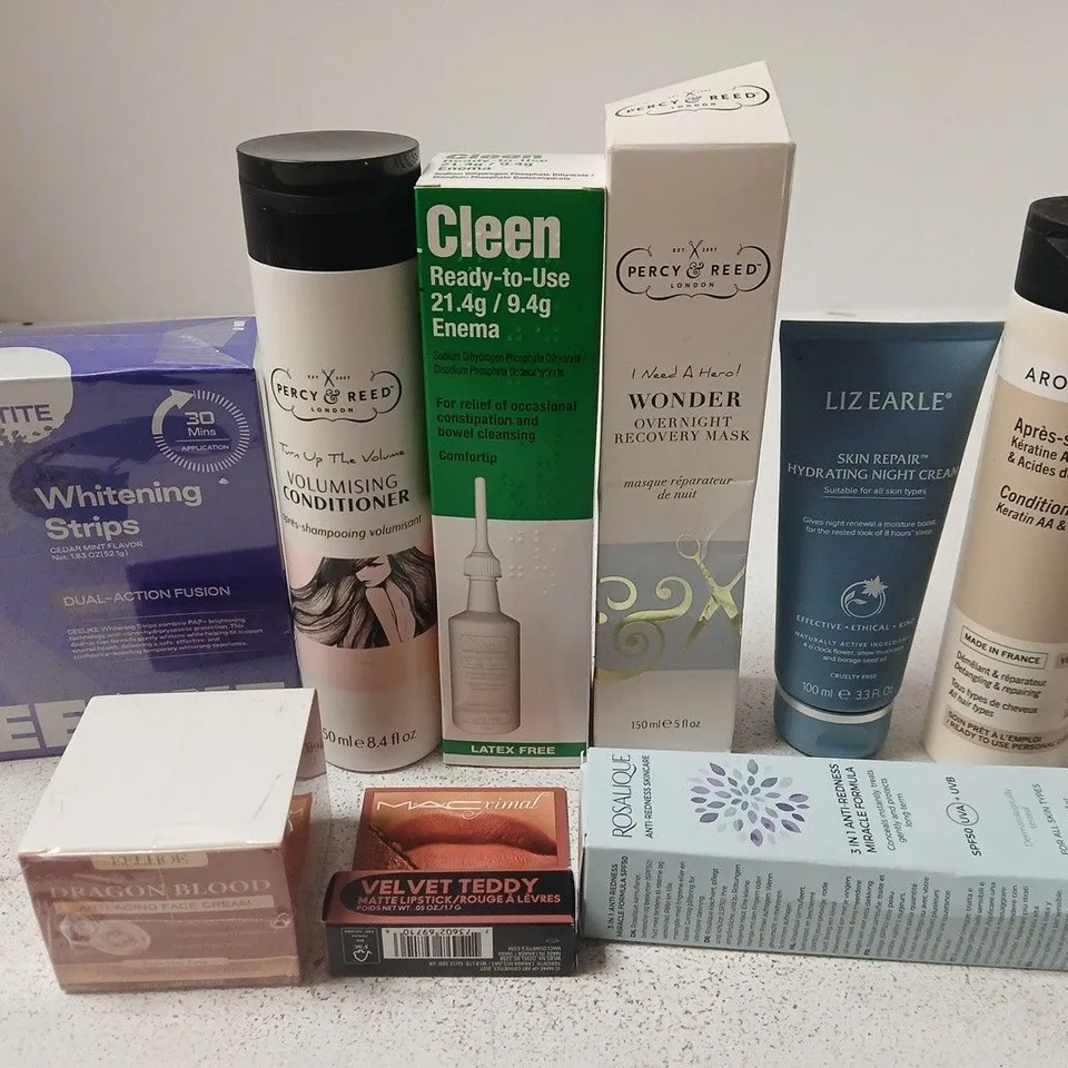 APPROX 12 ASSORTED BEAUTY PRODUCTS TO INCLUDE TEETH WHITENING STRIPS, PERCY & REED CONDITIONER, LIZ EARLE NIGHT CREAM, ETC 