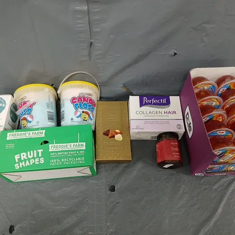 APPROXIMATELY 8 ASSORTED FOOD & DRINK ITEMS TO INCLUDE - DOLE PEACH JELLY, PERFECTIL COLLAGEN HAIR, AND PRAILINE COLLECTION ETC.