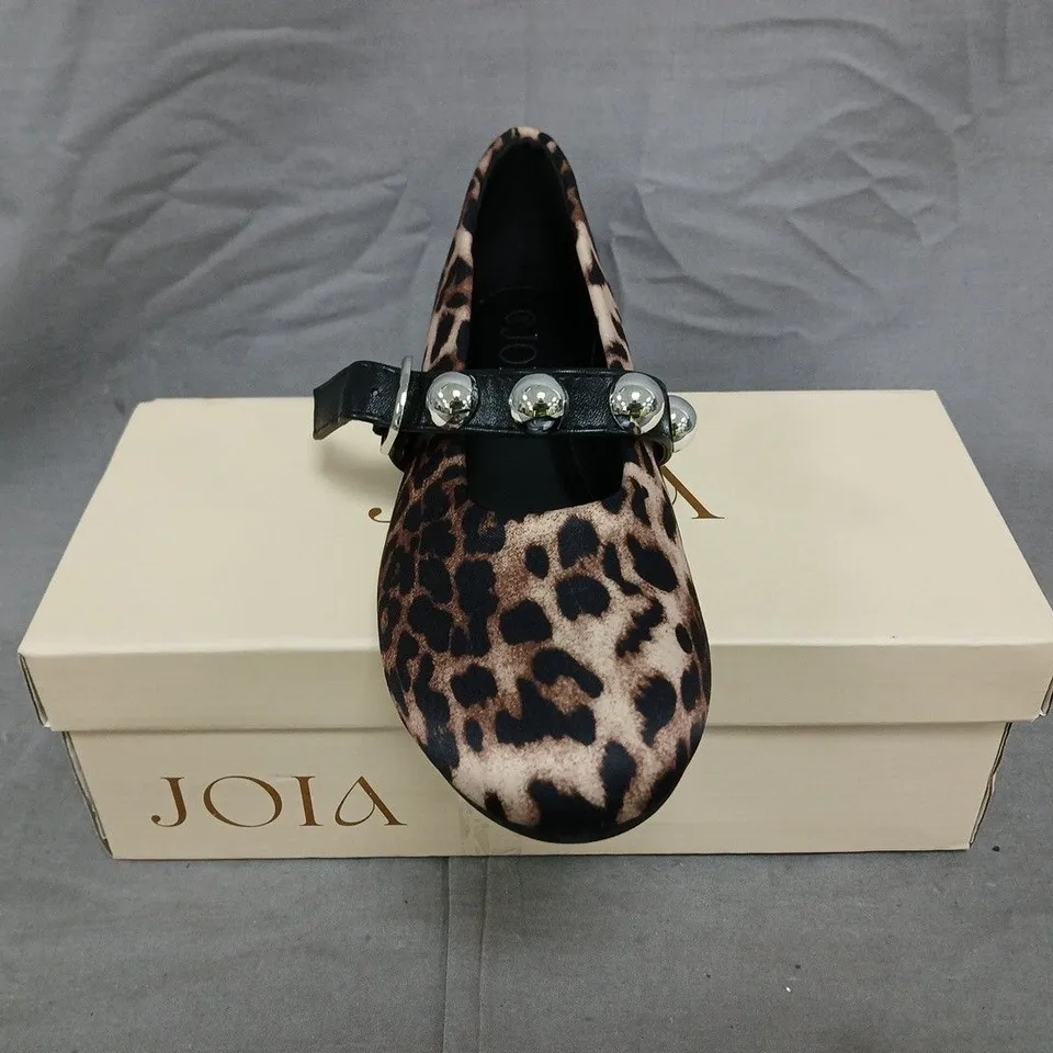 BOXED PAIR OF JOIA LEOPARD STUDDED STRAP BALLET PUMPS SIZE EU 36