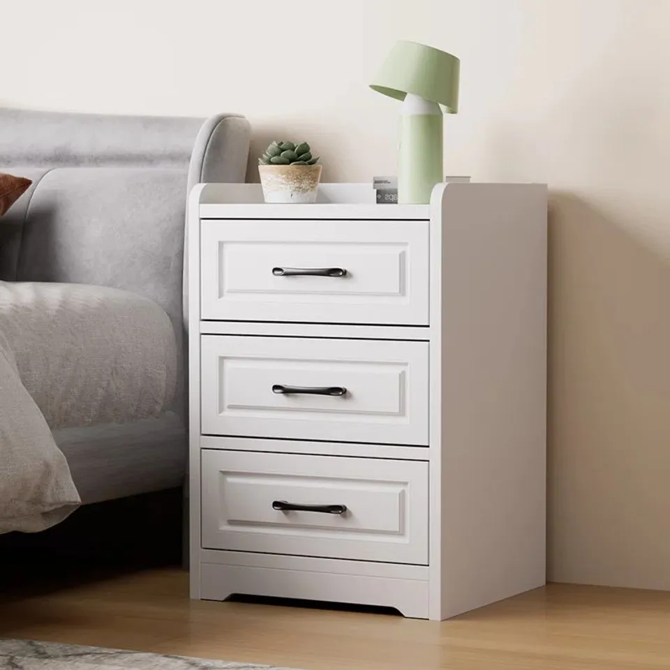 BOXED MODERN AND SIMPLE BEDROOM PRACTICAL BEDSIDE CABINET, 3-DRAWERS - WARM WHITE (1 BOX)