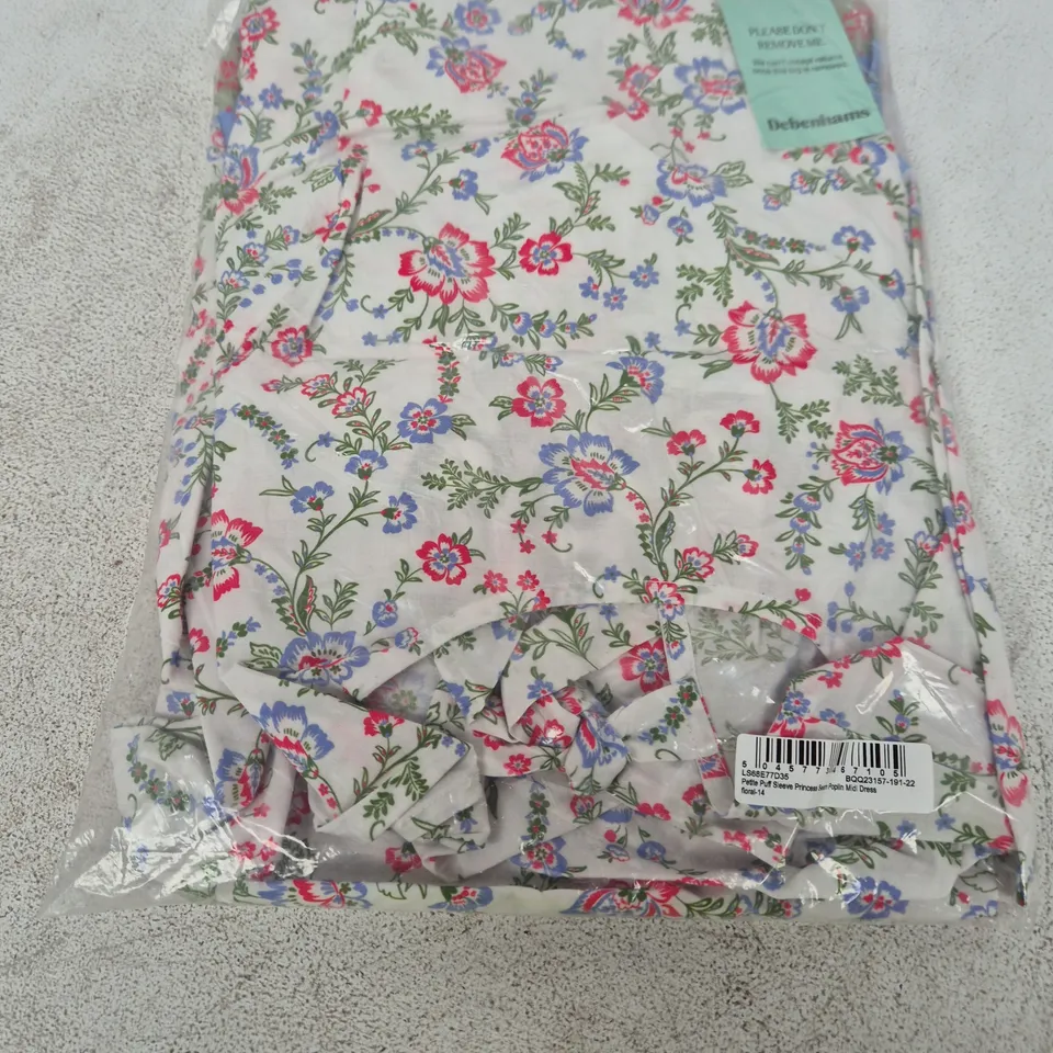 DEBENHAMS PETITE PUFF SLEEVE PRINCESS SEAM POPLIN MIDI DRESS – FLORAL, UK 14