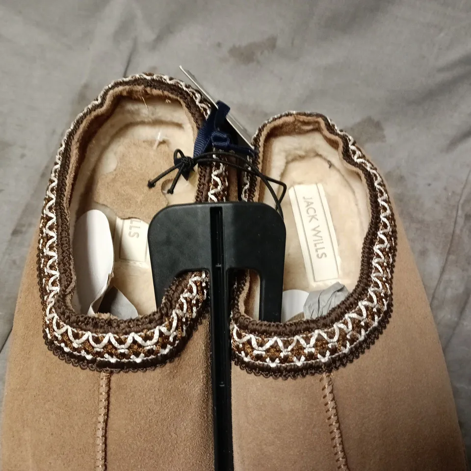 JACK WILLS TAN SUEDE MOCCASIN SLIPPERS WITH CREAM TRIM – LINED - UK 6