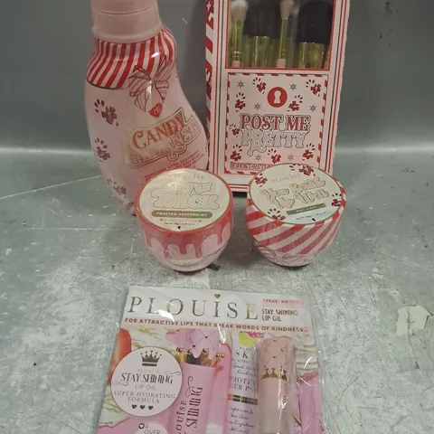 PLOUISE LOT OF APPROX 5 ASSORTED COSMETIC PRODUCTS TO INCLUDE - CANDY CLEANSE BATH SOAK - POST ME PRETTY BRUSH SET - LAY IT ON THICK FROSTED PEPPERMINT BODY BUTTER - ETC