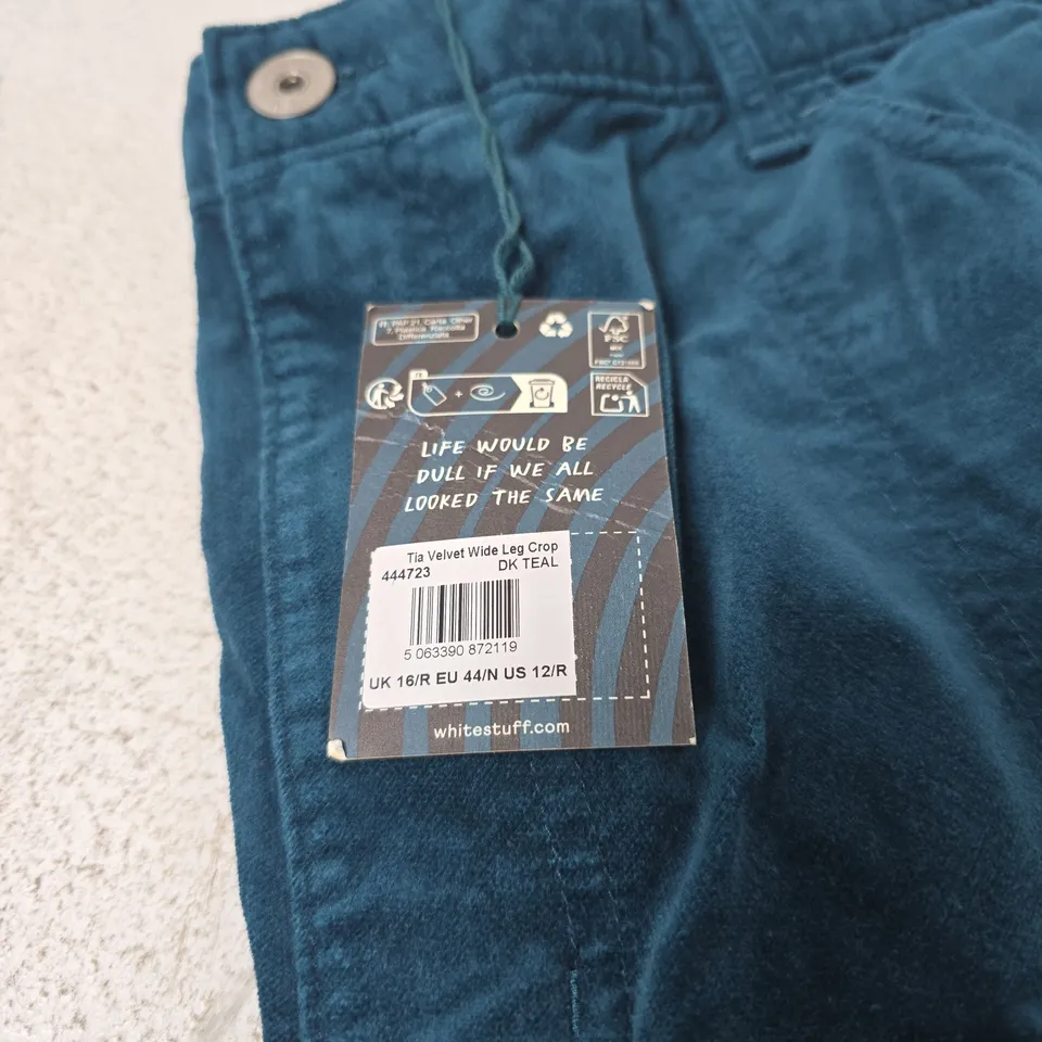 WHITE STUFF TIA VELVET WIDE LEG CROP TROUSERS – TEAL, UK 16 REGULAR