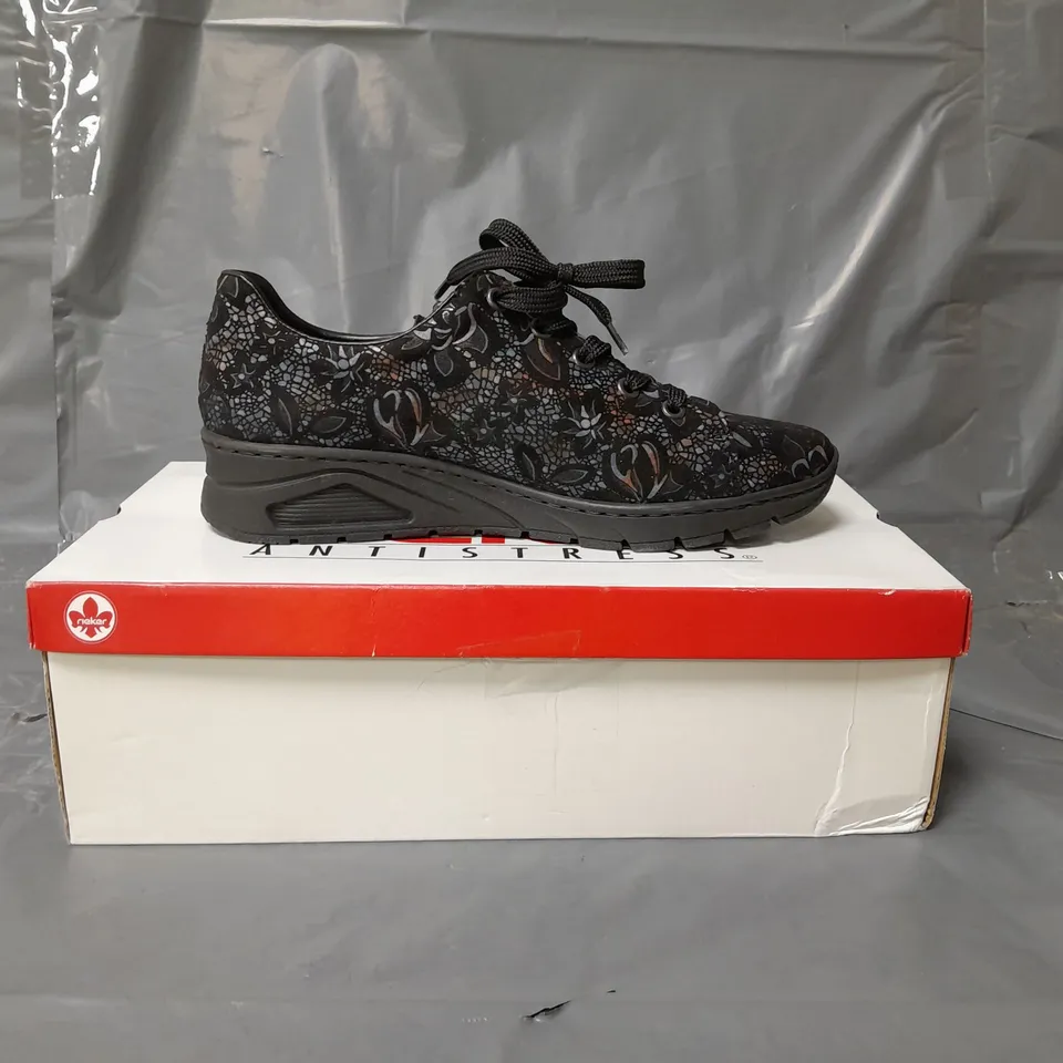 RIEKER WEDGE TRAINERS BLACK FLORAL SIZE 5