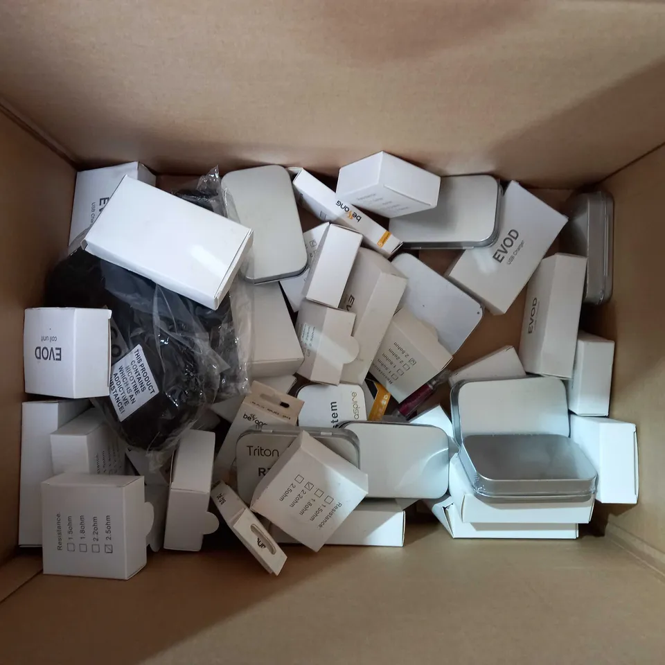 BOX OF APPROX 10 ITEMS INCLUDING TRITON RTA SYSTEM, EVOD USB CHARGER, BEYANG CVS COIL