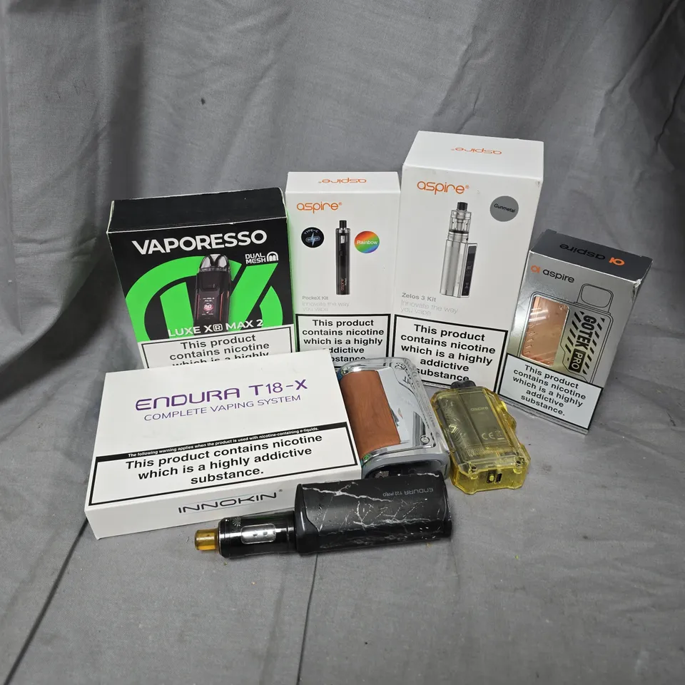 APPROXIMATELY 30 ASSORTED VAPE & E-CIGARETTE PRODUCTS TO INCLUDE BRANDS SUCH AS ASPIRE, VAPORESSO, INNOKIN, ETC