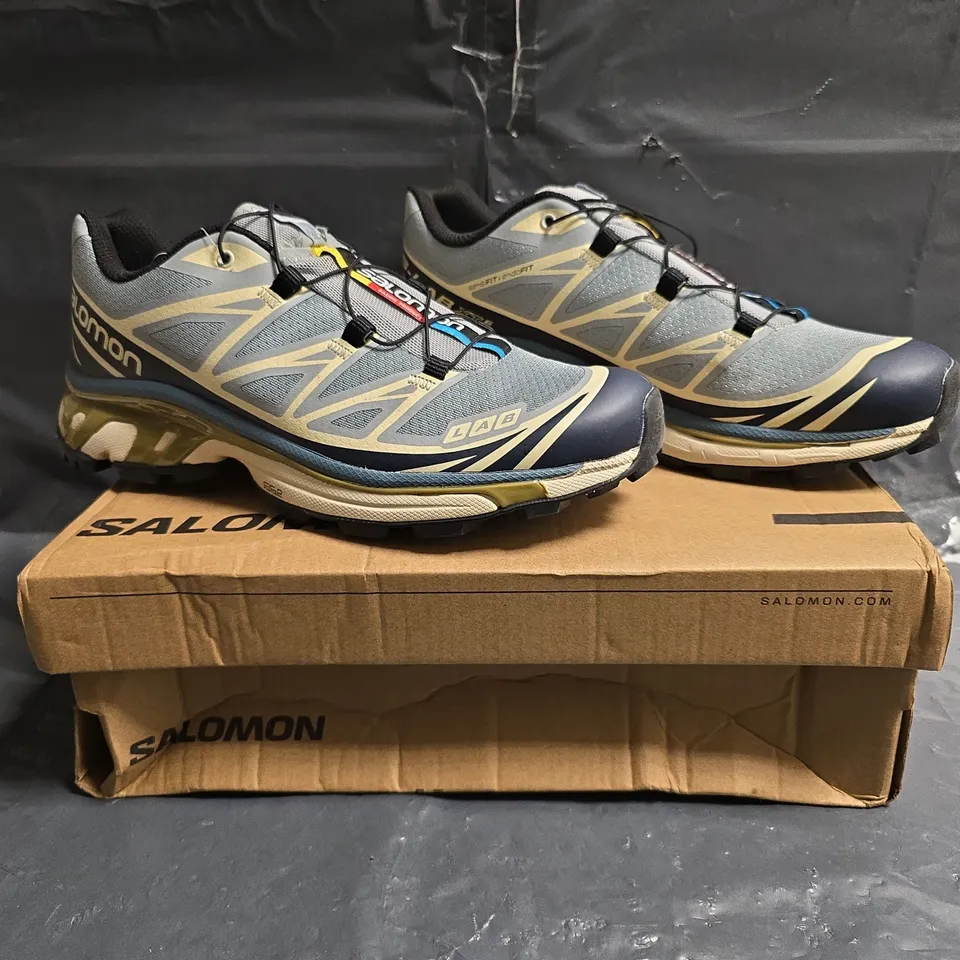 BOXED PAIR OF SALOMON XT-6 TRAINERS IN LIGHT BLUE/MULTI SIZE UK 6.5