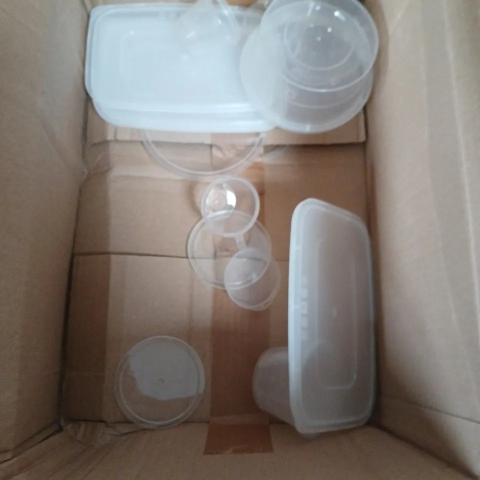 BOX OF ASSORTED TUPPERWARE CONTAINERS.