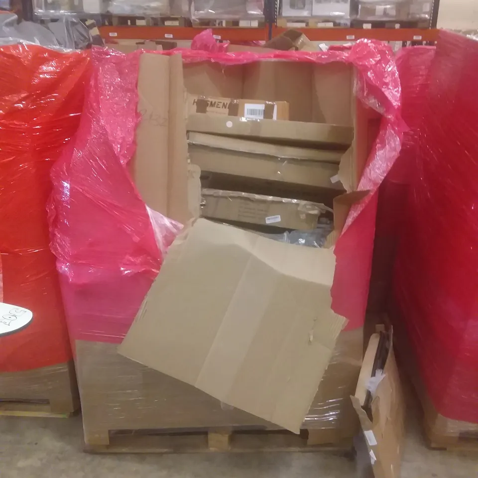 PALLET OF ASSORTED HOUSEHOLD PRODUCTS AND ITEMS, INCLUDING; LEGO, UNDERSINK WATER FILTRATION SYSTEMS, PET CRATE, BOXED FURNITURE ETC 
