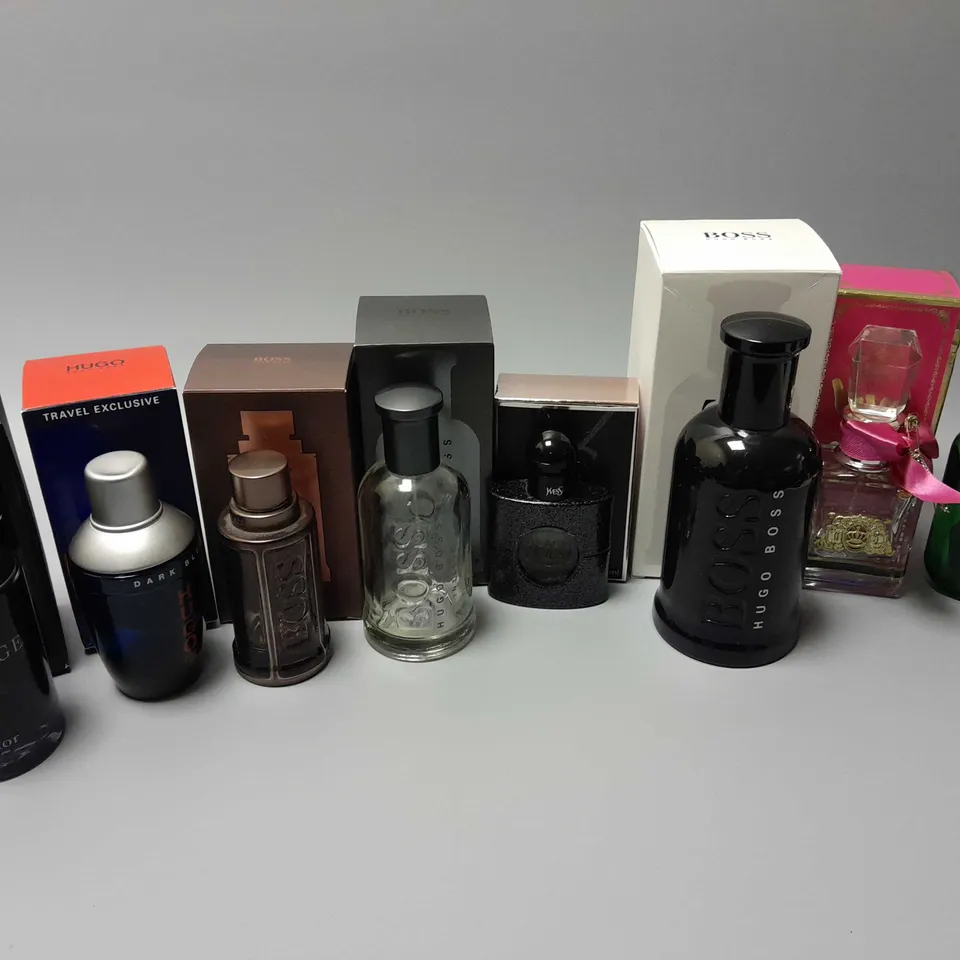 APPROXIMATELY 8 BOXED EMPTY FRAGRANCES BOTTLES TO INCLUDE POLO RALPH LAUREN EAU DE TOILETTE, HUGO BOSS BOTTLED UNLIMITED, VIVA LA JUICY COURTURE, ETC