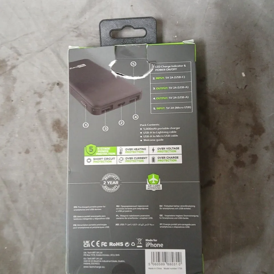 TECHCHARGE BONUS PACK 5000 PORTABLE POWER BANK WITH FREE LIGHTNING CABLE