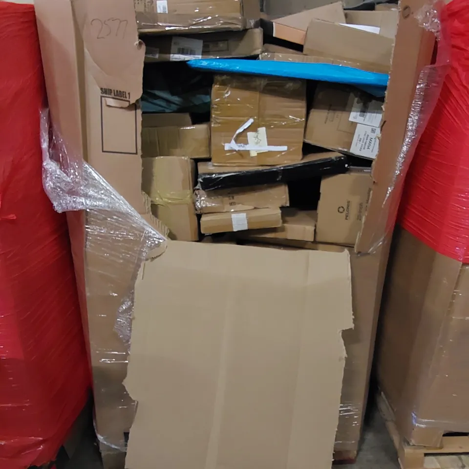 PALLET TO CONTAIN ASSORTED HOUSEHOLD ITEMS AND CONSUMER PRODUCTS. INCLUDING CAN RACK ORGANISER, CERAMIC GREATER, BOXED FURNITURE ETC