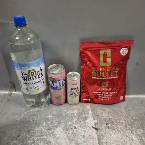 APPROXIMATELY 10 ASSORTED FOOD/DRINK PRODUCTS TO INCLUDE GRIND COFFEE, CAFFEINE BULLETS, FANTA ETC 