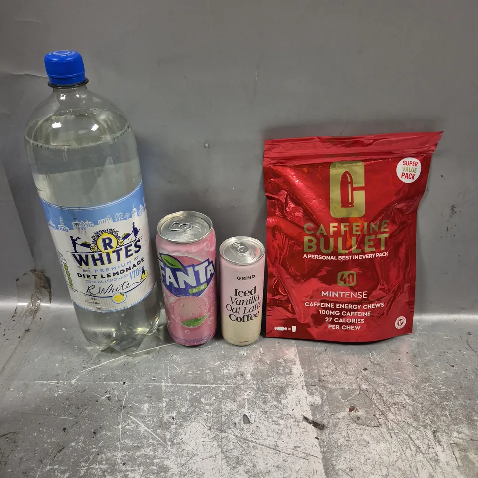APPROXIMATELY 10 ASSORTED FOOD/DRINK PRODUCTS TO INCLUDE GRIND COFFEE, CAFFEINE BULLETS, FANTA ETC 
