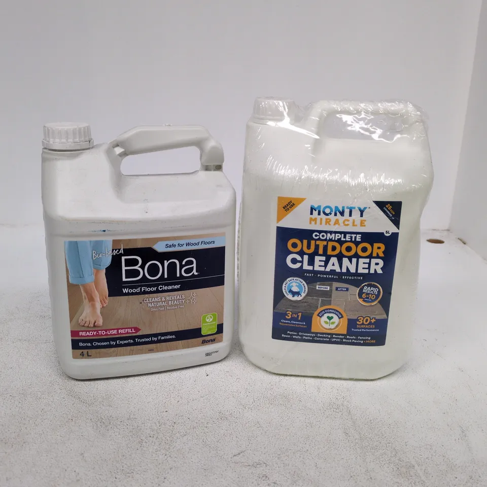 TOTE OF APPROXIMATELY 3 ASSORTED ITEMS TO INCLUDE BONA WOOD FLOOR CLEANER 4L, OUTDOOR CLEANER 5L ETC