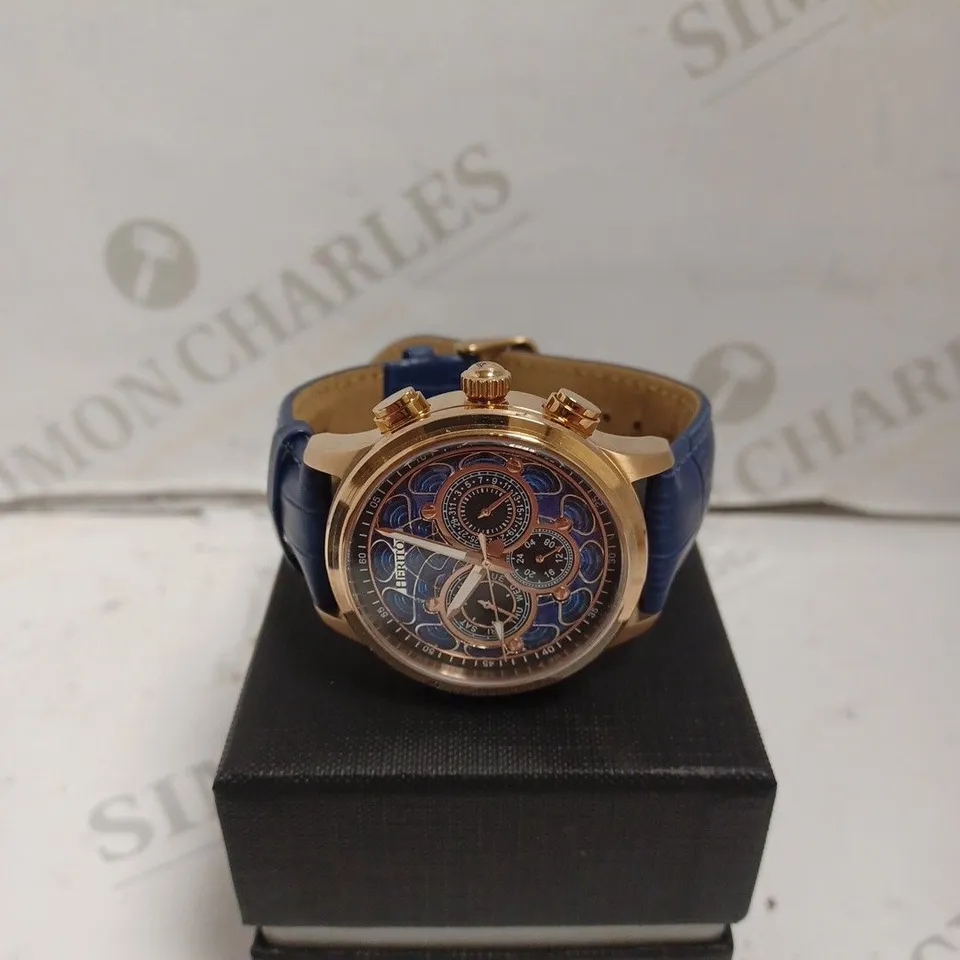 BOXED HERITOR WATCH - AUTOMATIC - STAINLESS STEEL FACE, LEATHER STRAP - WATER RESISTANT 5 ATM - HIDDEN SKELETON BACK. 