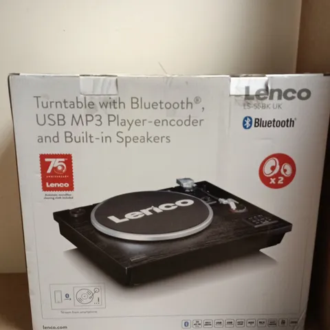 LENCO TURNTABLE WITH BLUETOOTH, USB MP3 PLAYER-ENCODER AND BUILT-IN SPEAKERS – BOXED (LS-55BK)