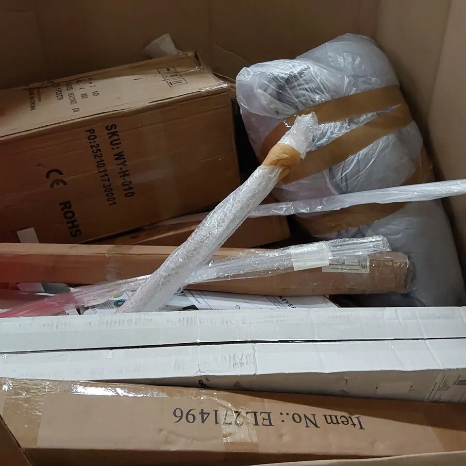 PALLET OF ASSORTED ITEMS INCLUDING: JOYAMI ELECTRIC GRILL, WHITE DOUBLE MATTRESS TOPPER, SLIMLINE HEATER, WORLD MAP, TOILET SEAT