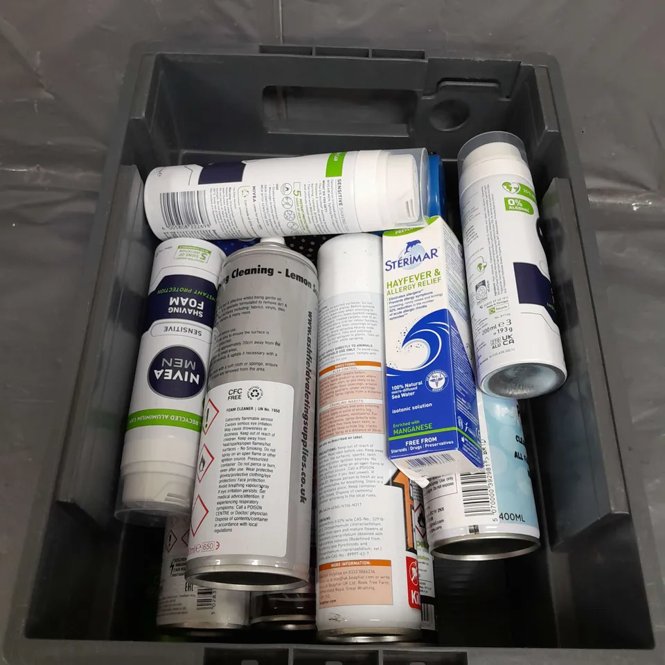 APPROXIMATELY 12 ASSORTED AEROSOLS TO INCLUDE , NIVEA MEN SHAVING FOAM , DRYING PAINT , FOAM CLEANER , ETC 