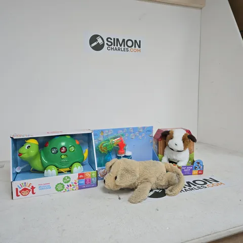 BOX OF APPROXIMATELY 10 ASSORTED TOYS INCLUDING LITTLE LOT PULL ALONG MUSICAL TORTOISE, OUT AND ABOUT LIGHT UP BUBBLE BLASTER AND PITTER PATTER PETS FLIP OVER PUPPY